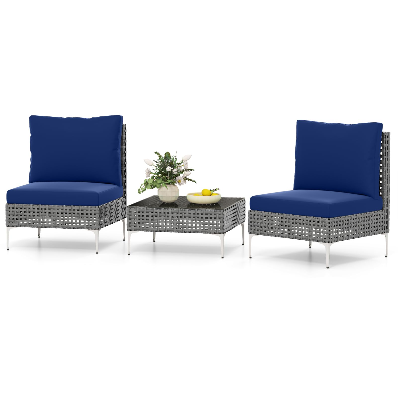 Tangkula 3 Pieces Patio Furniture Set PE Rattan Conversation Chairs with Tempered Glass Coffee Table